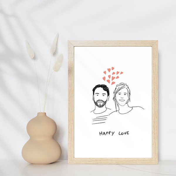 Portrait de couple dessiné à la main, imprimé et encadré - Cadeau de Saint Valentin, cadeau de mariage.