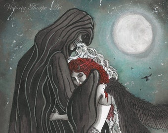 A3 Large Art Print - Grim Reaper and Fallen Angel - Death Goth Gothic Halloween Love Hug Valentines Day Anniversary Wedding