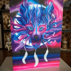 Grußkarte - Wolf Krafttier - Spiritueller Pagan Wicca Traumfänger Mond Weiße Federn Engel Meditation Yoga Fantasy Kunst