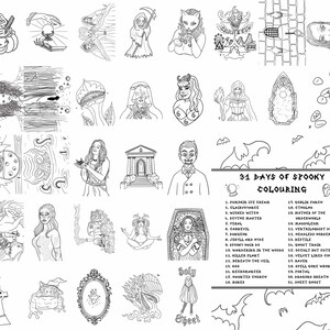 Pu&ograve; includere: Illustrazioni in bianco e nero per un libro da colorare di Halloween. Le immagini includono una zucca, una strega, un mietitore e altri personaggi spettrali. Il testo recita "31 Days of Spooky Colouring".