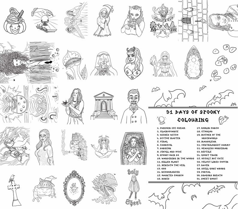 Pu&ograve; includere: Illustrazioni in bianco e nero per un libro da colorare di Halloween. Le immagini includono una zucca, una strega, un mietitore e altri personaggi spettrali. Il testo recita "31 Days of Spooky Colouring".