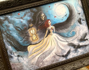 A4 Art Print - Grim Reaper and Fallen Angel Dark Fantasy Moon Macabre Creepy Spooky Goth Witch Death UK Artist