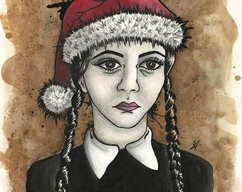 Wednesday Addams Original Art - Christmas Parody Family Spooky Creepy Goth Gothic Horror Funny Joke Alternative Festive Santa Hat Bah Humbug