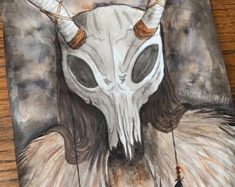 Original Art - Animal Skull - Watercolour and Ink Painting - Horror Death Fantasy Dark Macabre Gothic Halloween Weird Creepy Witch Morbid