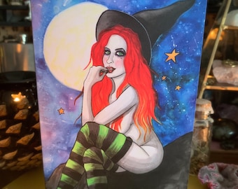 Greeting Card - Witch with Orange Hair - Red Head Curvy Plus Size Stockings Magical Moon Fantasy Art Alternative
