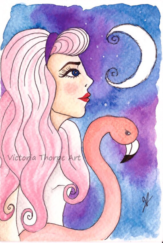 Sale Original Art Alice Pastel Goth Watercolour Painting Postcard Flamingo Moon In Wonderland Night Sky Cute Kawaii Fantasy Gothic Uk