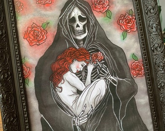 A4 Art Print - Grim Reaper and Fallen Angel Dark Fantasy Roses Valentines Love Macabre Creepy Spooky Goth Witch Death UK Artist