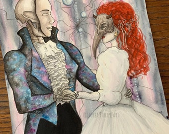 Original Art - Masquerade Ball Labyrinth Inspired Watercolour Painting Grim Reaper and Fallen Angel Dark Fantasy Pastel Goth Witch Death