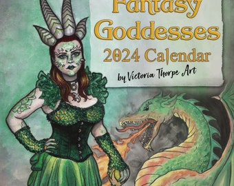 2024 Calendar with Moon Phases and Sabbats - Fantasy Goddesses Calendar by Victoria Thorpe Art - Pagan Witch Wiccan Folk Fairytale Dragon
