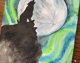 Original Art - Wolf Moon - Watercolour and Ink Painting - Magical Fantasy Witch Spiritual Wicca Spirit Animal Galaxy