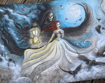 Original Art - Grim Reaper and Dark Angel Watercolour Painting - Valentines Day Love Death Gothic Fantasy Skull Couple Anniversary Macabre