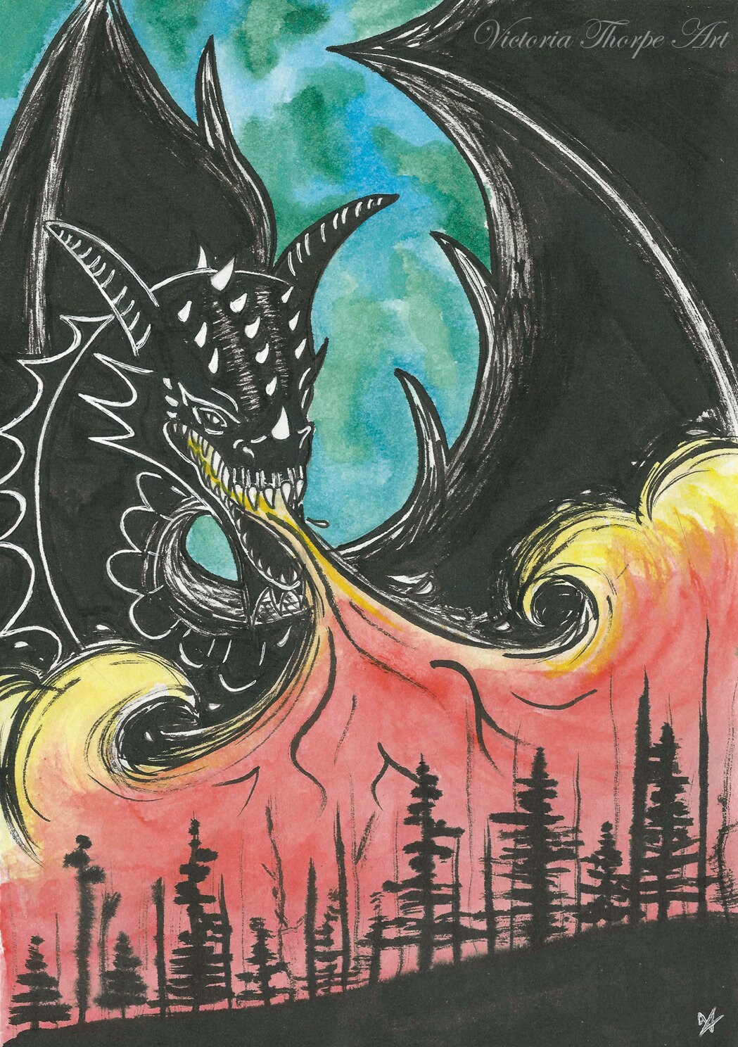 SALE A5 Art Print - Dragon - Fantasy Art Mythical Creature Fire Ink Destruction Medieval Magical Childrens Bedroom Boys Legend