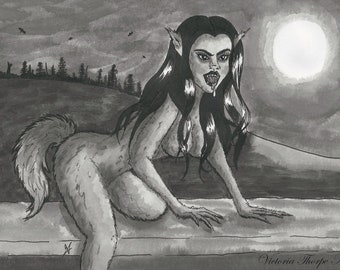 A5 Art Print - Werewolf - Horror Pin Up Gothic Goth Dark Art Halloween Sexy Animal Black and White Movie