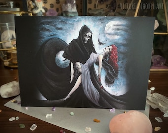 Greeting Card - Grim Reaper Awakening - Gothic Goth Death Demon Girl Fallen Angel Fantasy Art Valentines Day Alternative Love