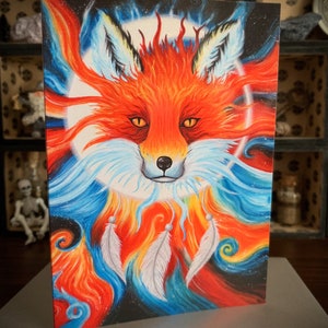 Grußkarte - Fuchs Krafttier - Spiritueller Pagan Wicca Traumfänger Mond Weiße Federn Engel Meditation Yoga Fantasy Kunst