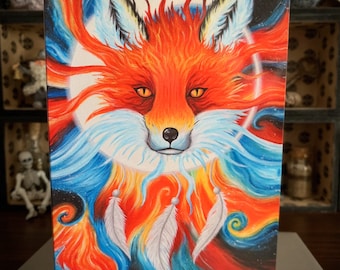 Greeting Card - Fox Spirit Animal - Spiritual Pagan Wicca Dreamcatcher Moon White Feathers Angels Meditation Yoga Fantasy Art