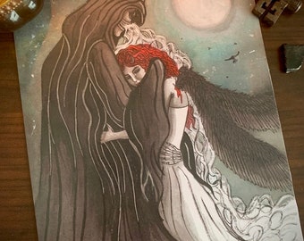 A5 Art Print - Grim Reaper and Fallen Angel - Death Goth Gothic Halloween Love Hug Valentines Day Anniversary Wedding