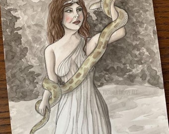 Original Art - Lilith Omen - Watercolour and Ink Painting Spiritual Gothic Fantasy Dark Snake Charmer Healing