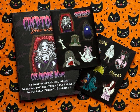 Spooky Colouring Book by Victoria Thorpe Art - Adult - Creptober Drawathon - Halloween Gothic Fantasy Dark Creepy