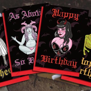 Gruselige Geburtstagskarte Set 2 - Gothic Designs Okkulte Hexe Teufel Pin Up Sheet Geist Sexy Frosch Vertraut schön wie oben so unten A6 10x15cm