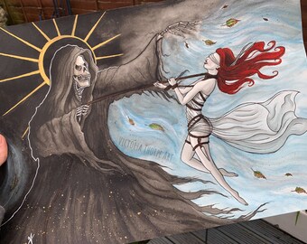 Original Art - Grim Reaper and Dark Angel Watercolour Painting - Valentines Day Death Gothic Fantasy Shibari Bondage Anniversary Macabre