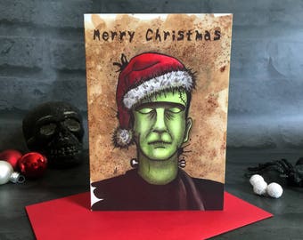 Christmas Card - Frankenstein’s Monster Alternative Parody Horror Creepy Goth Gothic Santa Zombie Vintage Style Dark Art UK