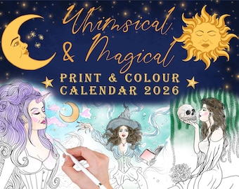 Calendario Whimsigoth 2026 - Stampa e colora a casa - Pagine per appunti Calendario lunare Sabbats UK Pagano Luna Fantasy Stravagante e magico Celeste