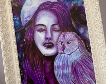 VENTE A4 Art Print - Nocturne - Hibou Lune Sorcière Violet Bleu Dark Fantasy Spooky Goth Pagan Spirit Animal