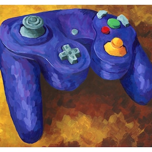 May include: A purple video game controller with a gray joystick and directional pad, plus colored buttons. The controller has a distinctive shape and is painted with visible brushstrokes, set against a warm, textured background.