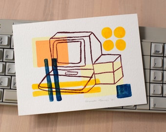 Apple 2+ computer #04 - ORIGINAL - painting - watercolor - color pencil - posca pen