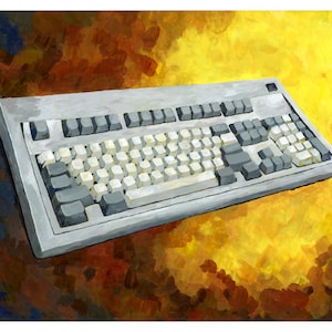 May include: A gray computer keyboard with white and gray keys, set against a vibrant, abstract background of yellow, orange, and brown brushstrokes. The keyboard is a classic design, with a rectangular shape and a full set of keys.