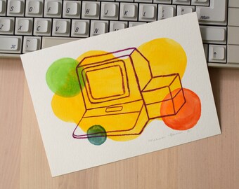 Apple 2+ computer #01 - ORIGINAL - painting - watercolor - color pencil - posca pen