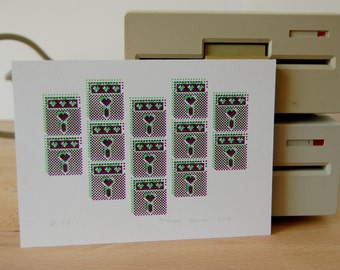 heart shaped floppy disk - green and purple - hand-pulled screenprint