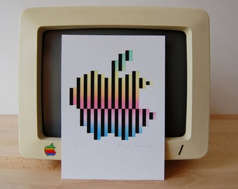 water color apple - hand pulled screen print - apple 2 computer