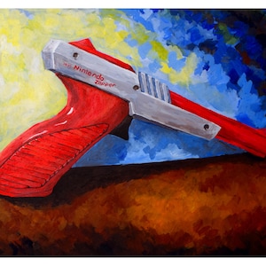 May include: A red and silver Nintendo Zapper toy gun, a classic video game accessory. The gun features a bright red handle and barrel, with a silver body. The text "Nintendo zapper" is printed on the side. The background has yellow, blue, and brown brushstrokes.
