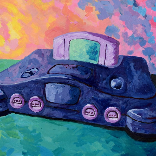 1990s Nintendo 64 console - giclee fine art print of original painting - 10x8 inches - nerdy gamer office gift - wall hanging