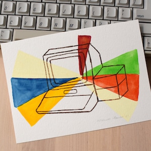 Apple 2+ computer #03 - ORIGINAL - painting - watercolor - color pencil - posca pen