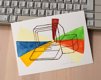 Apple 2+ computer #03 - ORIGINAL - painting - watercolor - color pencil - posca pen