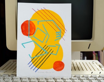 Apple 2c computer #06 - ORIGINAL - abstract painting - gouache - color pencil - posca pen