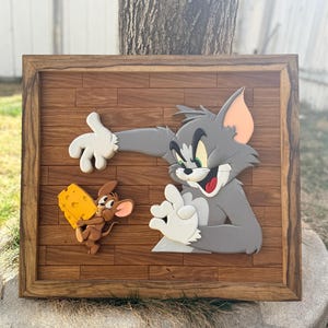 3D Tom and Jerry Scroll Saw Art: White Oak & Black Limba Frame