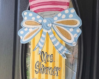 Personalized Teacher Pencil Door Hanger, Coquette Bow Decor, Two Styles!