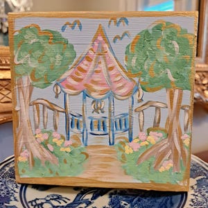 Textured Art Wood Block, Multi Color Pastel Pagoda Art, Chinoiserie, Grand Millennial Style