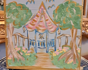 Textured Art Wood Block, Multi Color Pastel Pagoda Art, Chinoiserie, Grand Millennial Style