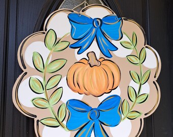 Chinoiserie Pumpkin Door Hanger, Fall Decor with Bows