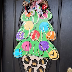 Christmas Tree Door Hanger, Colorful Whimsical Door Hanger, Leopard Cheetah Design, Christmas Door Sign, Large Size 29"