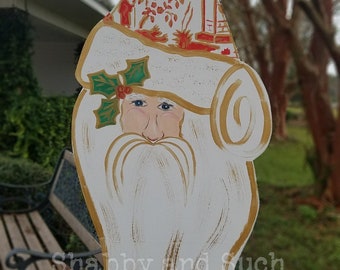 Chinoiserie Santa Face Door Hanger, Hand Painted Christmas Decor