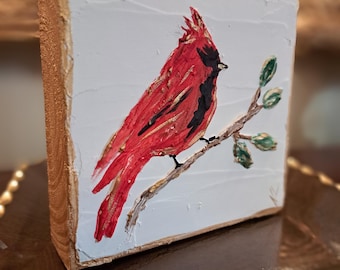 Textured Cardinal Art, Hand-Painted Wood Block with Gold