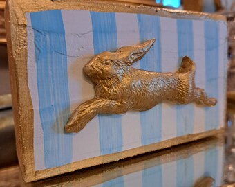 Gold Leaping Rabbit Wood Block, Striped Easter Decor