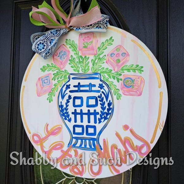 Hand Painted Chinoiserie Ginger Jar Mahjong Door Hanger, Personalized Round Decor