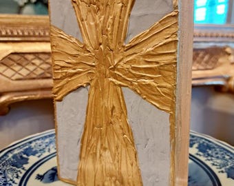Textured Gold Cross Wood Block, Shabby Rustic Shelf Sitter